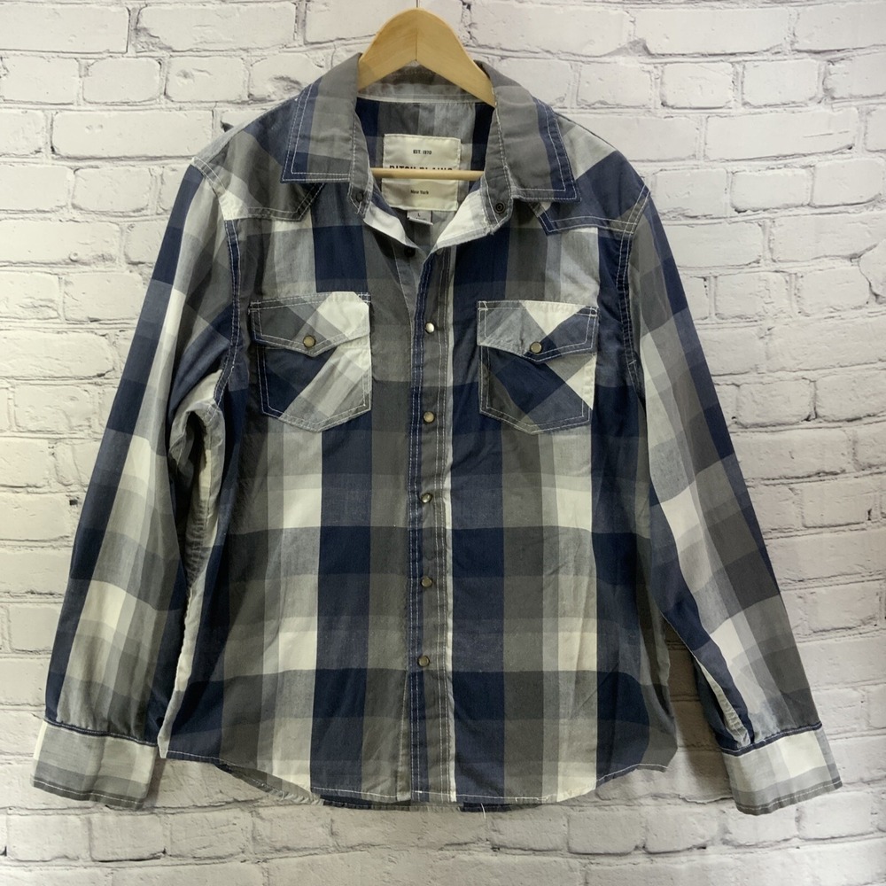 Ditch Plains Western Shirt Mens‎ Sz L Blue White Snaps Long Sleeves